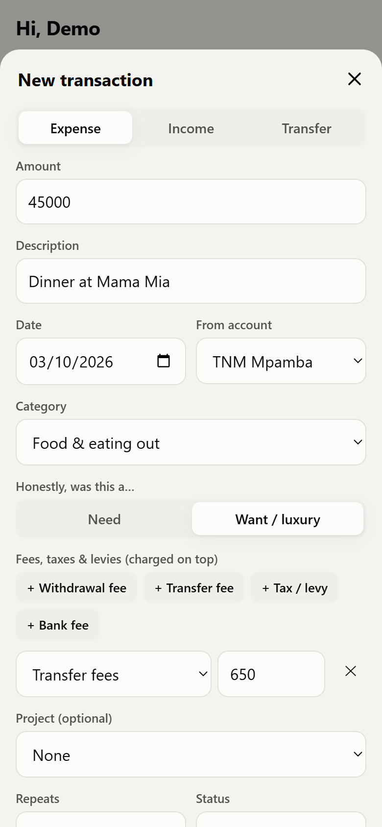Expense form with need/want and fees