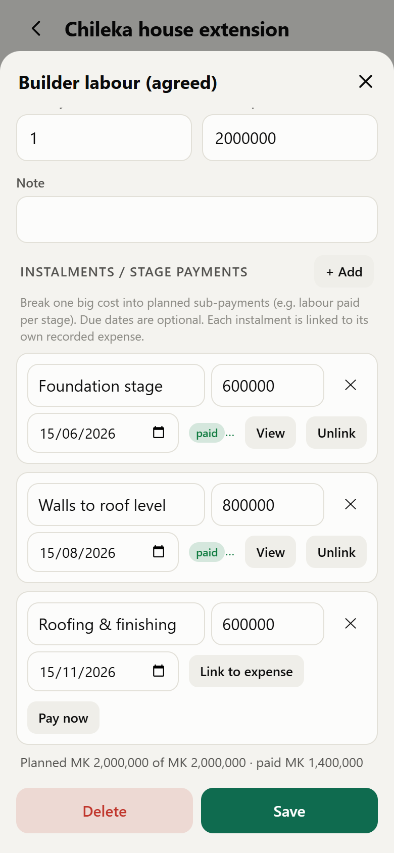 Instalments of a cost item